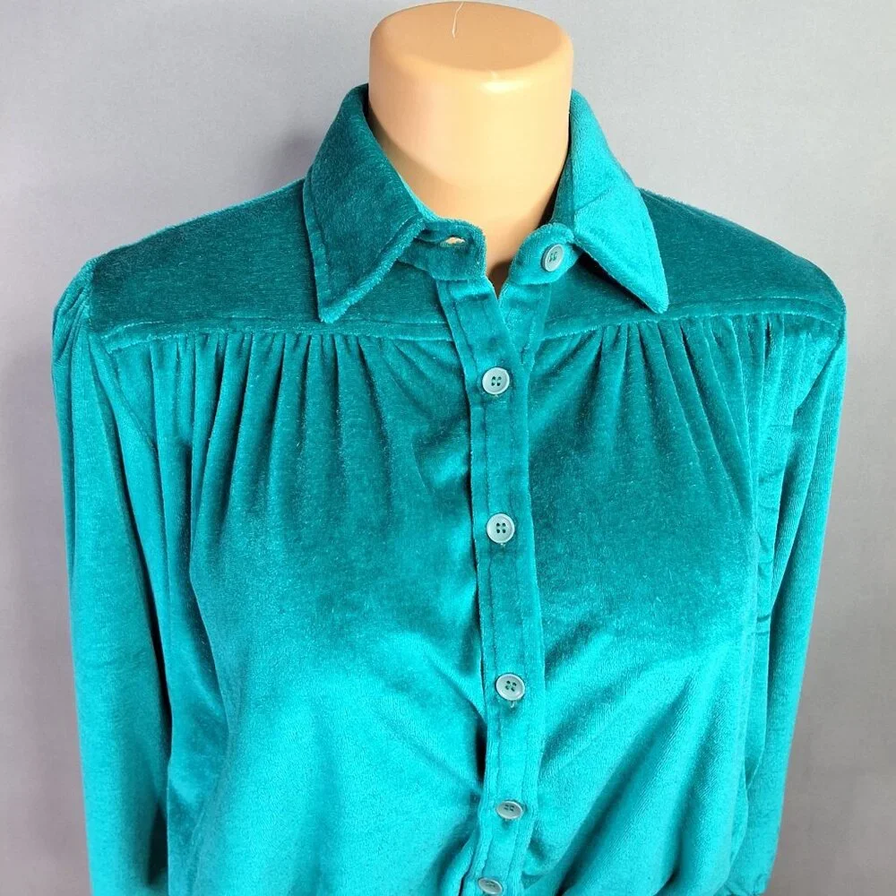 Vintage Fashion Bug 70/80's Teal Velour Button Up Top Ribbed Band 3/4 Sleeve Med - Picture 2 of 10